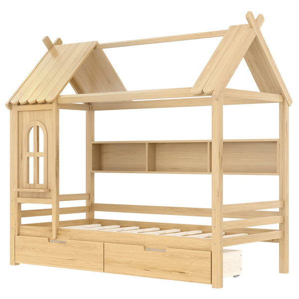 English Elm Twin House Platform Bed with Drawers & Shelves, Solid Wood Playhouse Frame for Kids, Cozy Design Natural W1580S00266