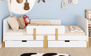 English Elm Twin Low Profile Kids Floor Bed Pine Wood Frame with Safety Rail and Built in Bookshelf Light White W1580P373241