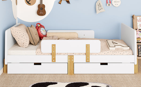 English Elm Twin Low Profile Kids Floor Bed Pine Wood Frame with Safety Rail and Built in Bookshelf Light White W1580P373241