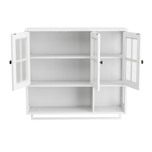English Elm Bathroom Wall Cabinet with 3 Doors and Glass Panel, MDF Storage Cabinet with Towel Bar, Modern 35.6"L x 10.2"W x 32.5"H White W757P329727