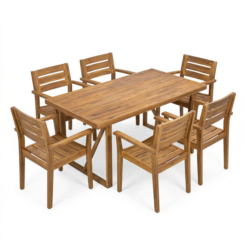 English Elm 7 Piece Solid Acacia Wood Outdoor Dining Set Teak Finish Patio Table Six Chairs N762S000034AAA