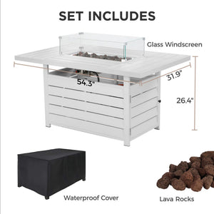 English Elm 54.3 Inch Aluminum Rectangular Propane Fire Table with Convertible Lid for Patio White B082S00070
