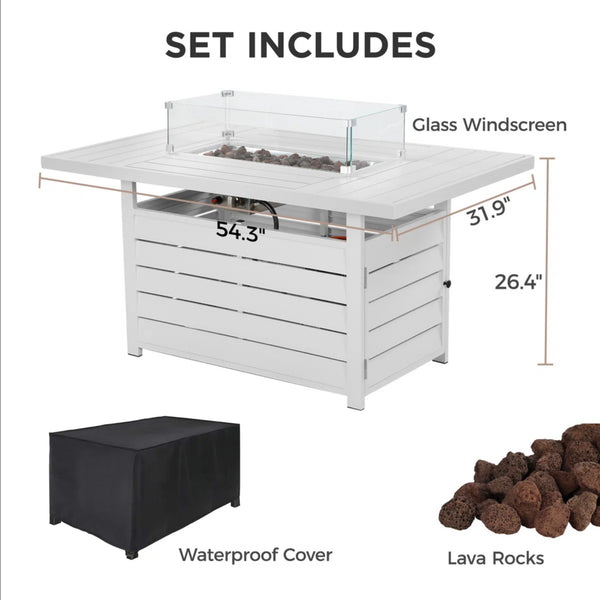 English Elm 54.3 Inch Aluminum Rectangular Propane Fire Table with Convertible Lid for Patio White B082S00070