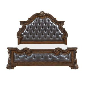 English Elm Formal Eastern King Bed Tufted Burl Veneer Frame with Gold Carved Detailing B011S02305
