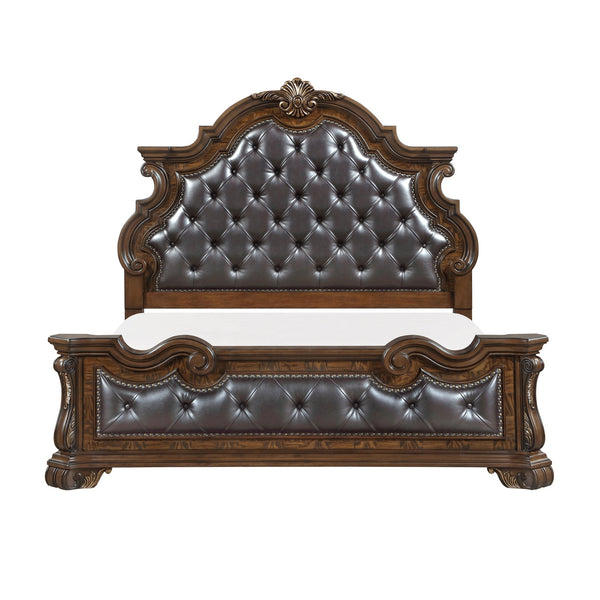 English Elm Formal Eastern King Bed Tufted Burl Veneer Frame with Gold Carved Detailing B011S02305