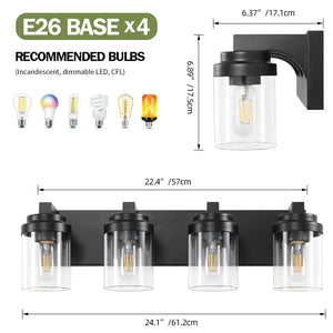English Elm 4 Matte Black Vanity Light 4-Light Farmhouse Bathroom Fixture with Clear Glass Shades, Water-Resistant LED W2312P389978