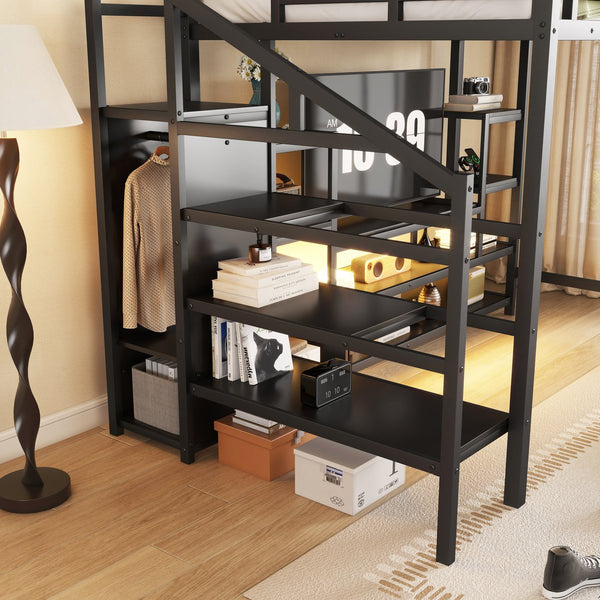 English Elm Full Size Metal Loft Bed With Integrated Tv Stand, Staircase & Wardrobe - Perfect For Kids & Teens! W2593S00012
