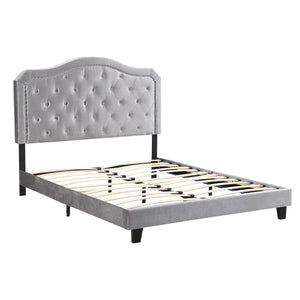 English Elm Upholstered Queen Platform Bed Grey Velvet Tufted Curved Headboard with Led Lighting W311P228694