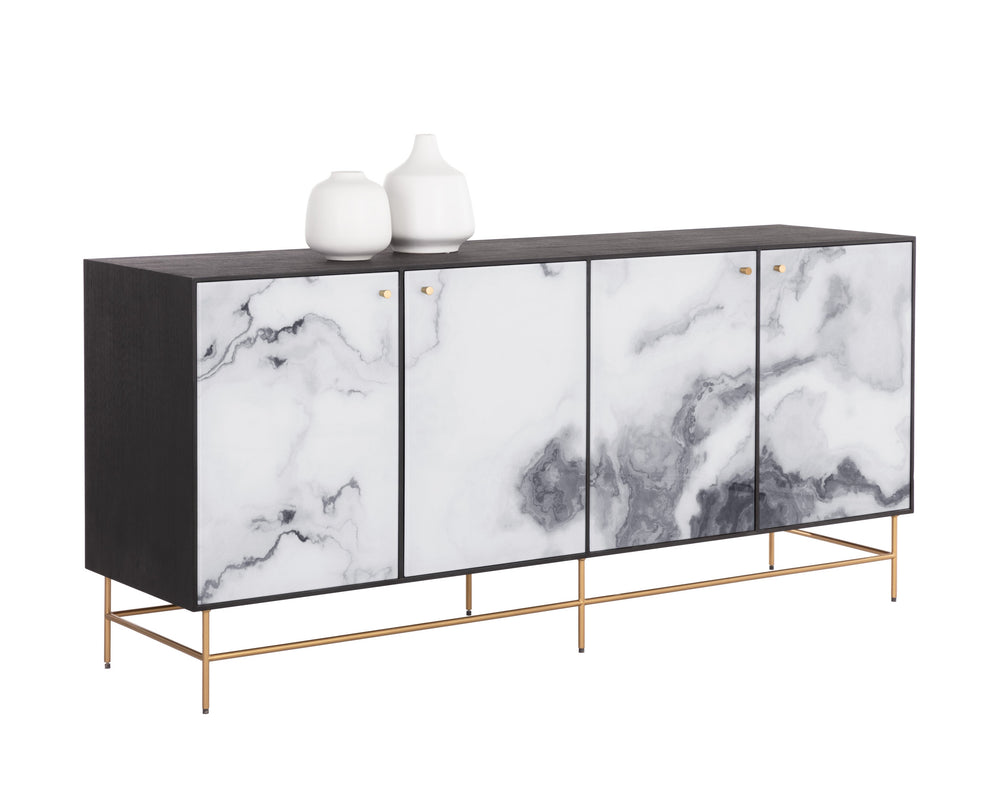 Sunpan Cordero Sideboard: Modern Acacia Wood Beauty with Marble Design, Antique Brass Legs & 4 Cabinets