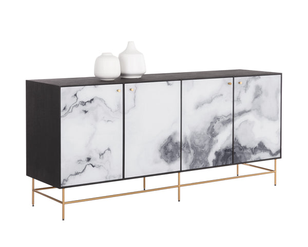 Sunpan Cordero Sideboard: Modern Acacia Wood Beauty with Marble Design, Antique Brass Legs & 4 Cabinets