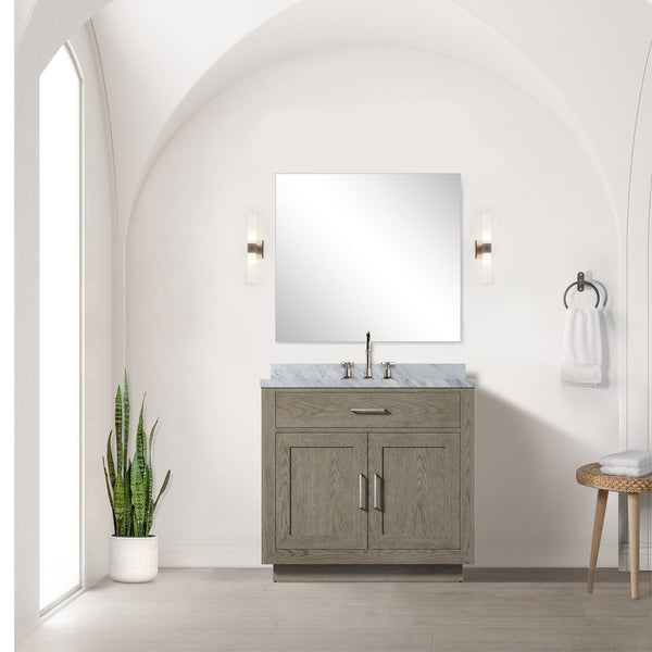 English Elm Grey Oak Single-Sink Vanity With Elegant Carrara Marble Top - Fully Assembled, Soft-Close Hardware B2731P257678