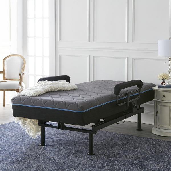 English Elm Twin Adjustable Sit-to-Stand Bed with Remote, 6" Memory Foam, 450 lb Capacity, Padded Rails, Blue B2699S00025