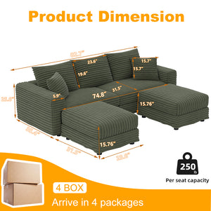 English Elm 82.7" Plush Corduroy 3-Seat Sofa - Modern, Comfy Cloud Couch With Ottomans & Pillows For Cozy Living W1885S00154