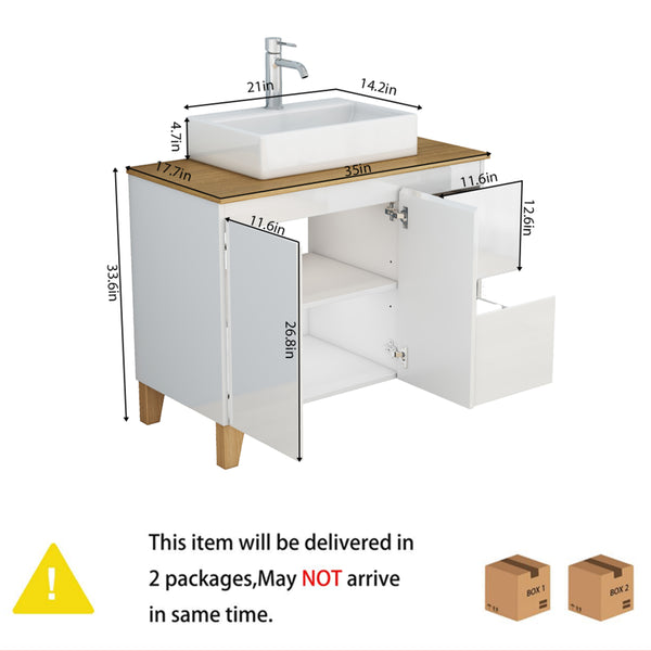 English Elm 36-inch Glossy White Bathroom Vanity with Ceramic Sink Soft Close Drawers Minimalist W3151S00072
