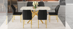 English Elm Table and Chair Set Marble Glass Top Six Seats Gold Legs Modern Dining Room W1151S04543