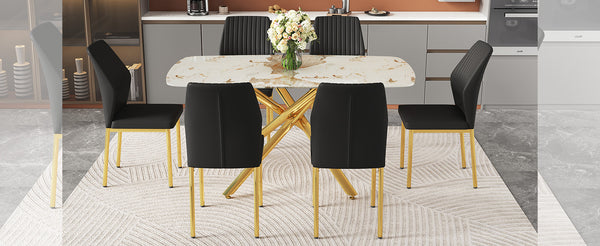 English Elm Table and Chair Set Marble Glass Top Six Seats Gold Legs Modern Dining Room W1151S04543