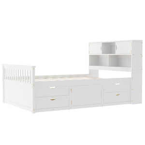 English Elm Full Size Captain Platform Bed Frame With Bookcase Headboard, Storage Drawers & White Finish N7090000473K