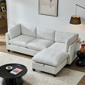 English Elm 96.5" L-shaped Chenille Sectional with Storage Ottoman Eucalyptus Frame Living Room Beige W1097S00279