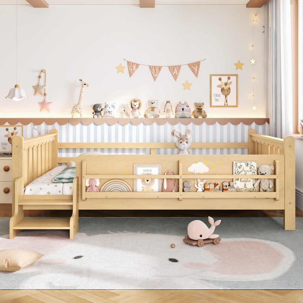 English Elm Queen Bunk Bed with Trundle Solid Pine Kids Car Themed Frame Built-in Bookshelf Light Natural W1580S00538