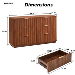 English Elm 6 Drawers Dresser Stylish 55" Wide Curved Wave Chest with Ample Storage, Sturdy Top for TV Use Walnut W1820P324616