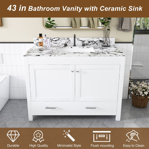 English Elm Modern 43 Inch Bathroom Vanity Solid Wood Cabinet with Soft Close Drawers Storage W509S00171