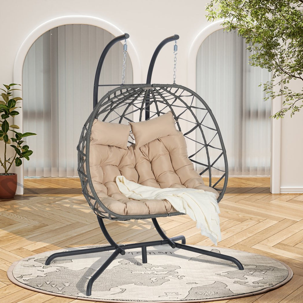 English Elm Double Hanging Wicker Egg Chair with Iron Stand Outdoor Uv Resistant 600 Lb Patio Swing W874P270569