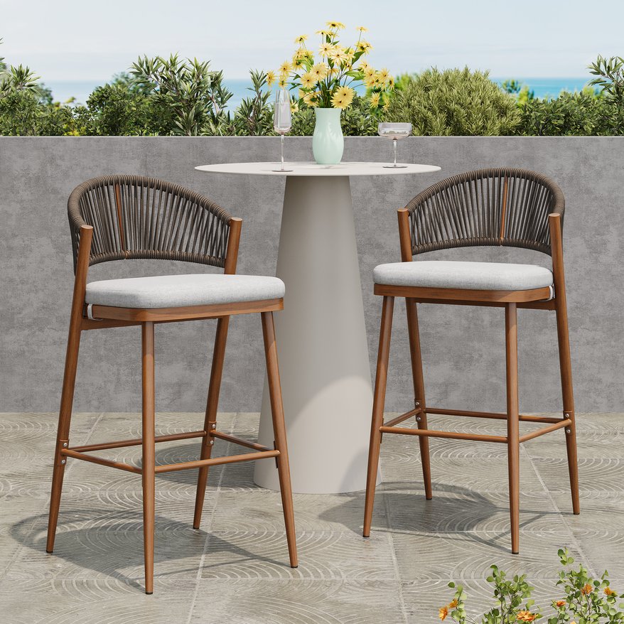 English Elm Christopher Knight Home® - Outdoor 30.25" Barstool Set Of 2 - Stylish Aluminum Frame With Pe Rattan Backrest, Teak Finish N772P245120T