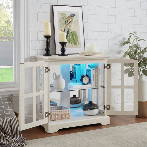 English Elm Led Curio Display Cabinet - Elegant Antique White Showcase With Adjustable Shelves & Bluetooth Lighting W1758P387892