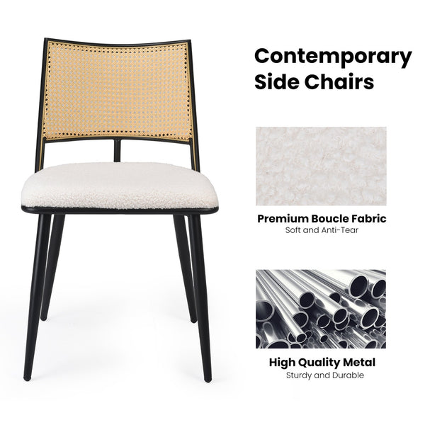 English Elm Dining Chairs Mid-Century Modern Rattan Backrest Bouclé Upholstered Metal Frame Comfortable Design White T3623P379917