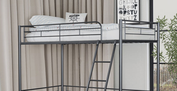 English Elm Twin Modern Loft Bed with Built-In Ladder for Space-Saving Study, Storage or Play Area, Metal Frame Black 81 L x 14 W x 8 H B2741P348863