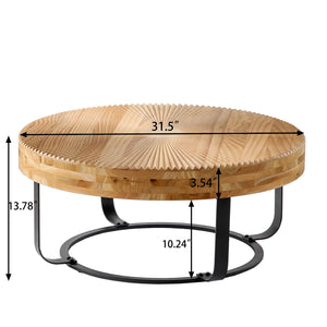 English Elm Modern Round Pine Coffee Table with Carved Wood Top and Sleek Metal Legs for Stylish Living Spaces Natural+Black W757P186923