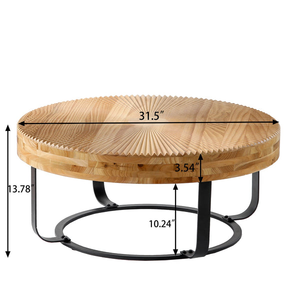 English Elm Modern Round Pine Coffee Table with Carved Wood Top and Sleek Metal Legs for Stylish Living Spaces Natural+Black W757P186923