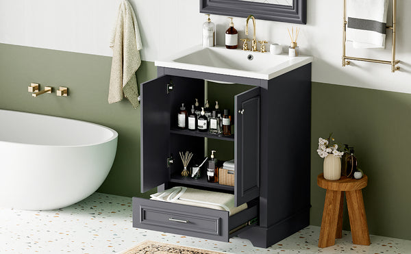English Elm 24'' Bathroom Vanity with Ceramic Sink Combo Modern Freestanding MDF Cabinet with Soft-Close Doors and Sleek Silver Handles for Spacious Organized Bathroom Storage Blue Gray N710P194893C