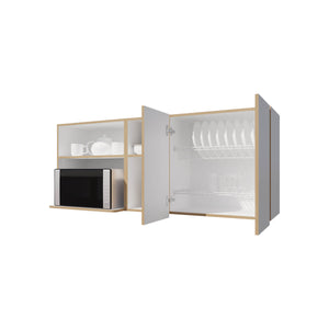 English Elm Wall-Mounted Kitchen Cabinet with Microwave Nook, Open Shelves & Double-Door Storage in Oak/White – Space-Saving Design B128P287520