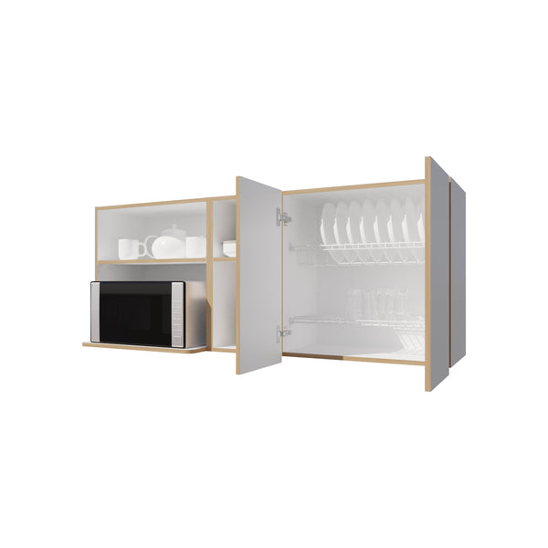 English Elm Wall-Mounted Kitchen Cabinet with Microwave Nook, Open Shelves & Double-Door Storage in Oak/White – Space-Saving Design B128P287520