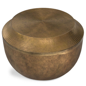 English Elm Timmons Hand-Finished Cast Aluminum Coffee Table in Antique Brass, Drum Shape, Multipurpose Accent Piece B136P239032