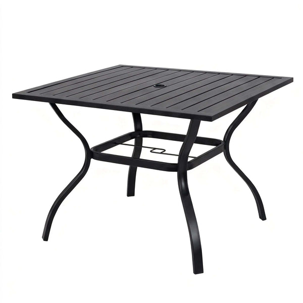 English Elm Metal Square Outdoor Dining Table Powder Coated Steel Slatted Top Seats Four W5159P445936