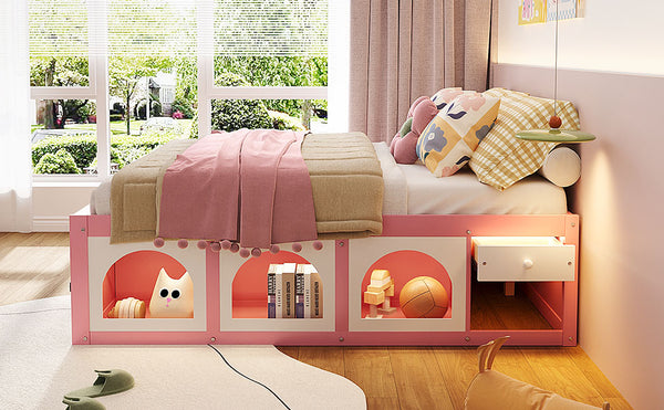 English Elm Full Size Kids Platform Bed with Led Lighting Bookshelf Display Cabinet and Storage Drawer Pink+White N820S00077H