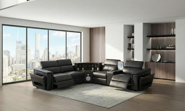 English Elm Nova Entertainment Sectional Sofa with Led Bar Fridge Console and Bluetooth Speaker Black B009S02164