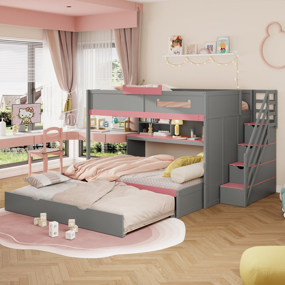 English Elm House-shaped Pine Bunk Bed with Built-in Slide Storage Staircase Twin Over Full Kids Frame Gray N820S00067E