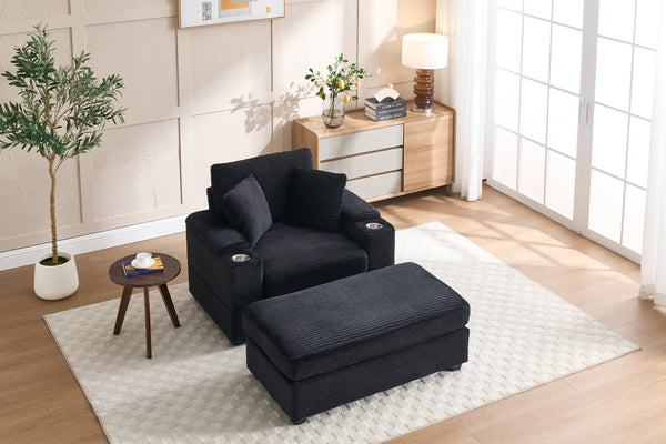 English Elm Corduroy Upholstered Chaise Lounge Sofa with Movable Ottoman, Cup Holder, Deep Seat Comfort Black W2120S00011