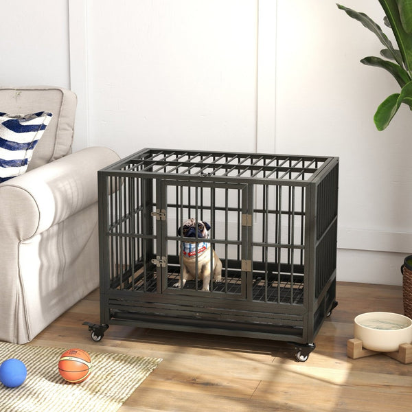 English Elm Pawhut 36" Heavy Duty Dog Crate With Lockable Wheels, Double Doors & Removable Tray For Easy Care W2225P200934-GIGA