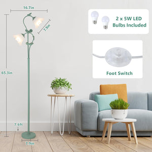 English Elm Flower Vintage Floor Lamp with Acrylic Lily Shades, 63.5" Green Metal Standing Light, 2 LED Bulbs W2738P400649