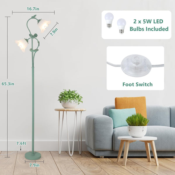 English Elm Flower Vintage Floor Lamp with Acrylic Lily Shades, 63.5" Green Metal Standing Light, 2 LED Bulbs W2738P400649