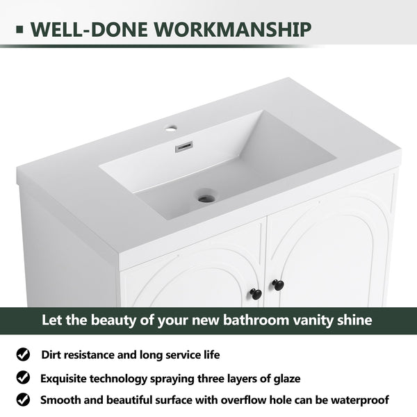 English Elm 36" Freestanding Bathroom Vanity with Resin Sink, Soft-Close Doors, Adjustable Shelf & Metal Handles White W999S00273