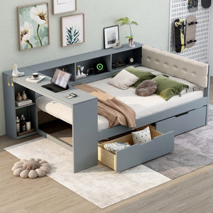 English Elm Wood Full Size Platform Bed With Stylish Storage Shelves, Charging Station, And Upholstered Headboard GX002108AAE-1-GIGA
