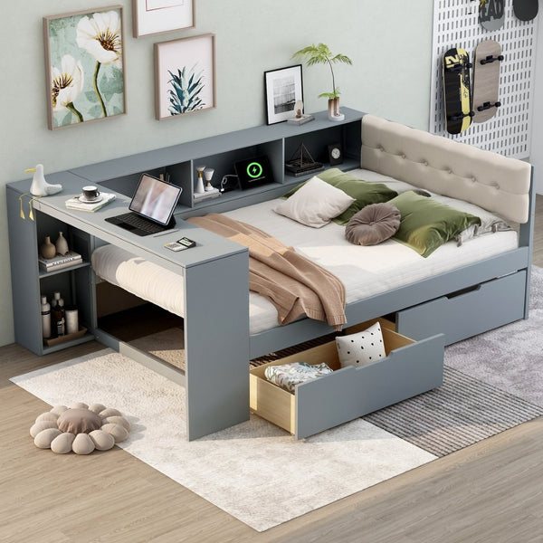 English Elm Wood Full Size Platform Bed With Stylish Storage Shelves, Charging Station, And Upholstered Headboard GX002108AAE-1-GIGA