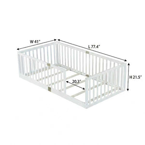 English Elm Twin House Frame Floor Bed Rubberwood with Roof Canopy and Safety Rails for Kids White W504P429530