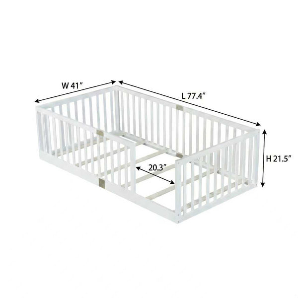 English Elm Twin House Frame Floor Bed Rubberwood with Roof Canopy and Safety Rails for Kids White W504P429530