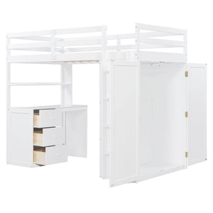 English Elm Twin Loft Bed with Built-in Desk Wardrobe and Drawers Solid Pine Space Saver White LT000301AAK-2